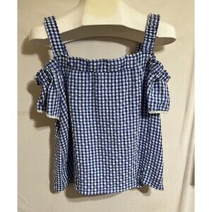 Blouse Cold Shoulder Navy White Checkered Square Dance Western Spring Easter S11